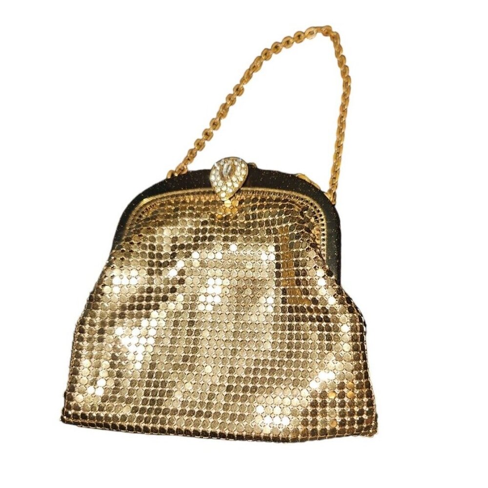 Vtg Whiting And Davis Mesh Bag Gold Coin Purse Flapper 20s Antique 4" Rhinestone